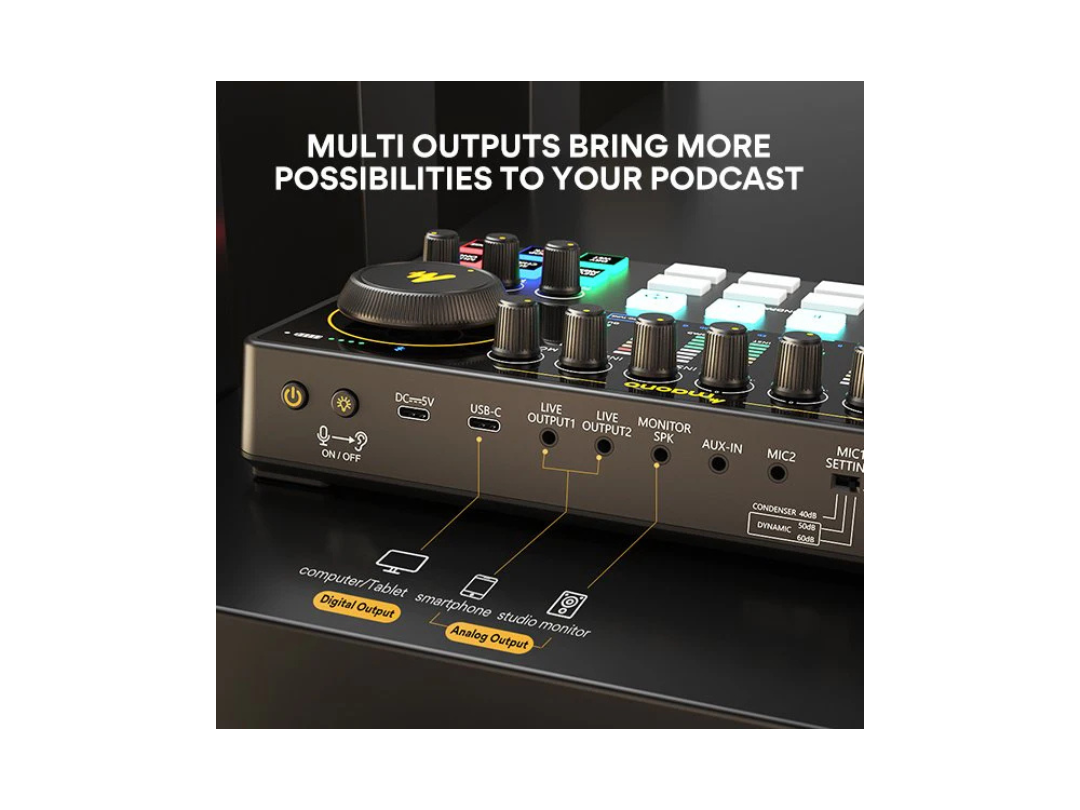 MAONO AME2 Audio Interface, MaonoCaster 10-Channel Podcast mixer with Pro-preamp, 48V Phantom Power, Bluetooth, 11 Customize sound pads for Recording, Streaming. MAONO AME2 Audio Interface, MaonoCaster 10-Channel Podcast mixer with Pro-preamp, 48V Phantom Power, Bluetooth, 11 Customize sound pads for Recording, Streaming.